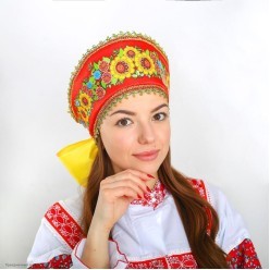 Кокошник на лентах "Фантазия" с подсолнухами, красный