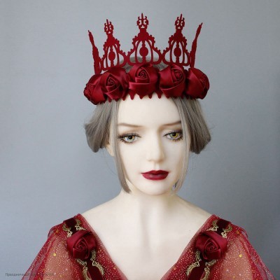 Корона-повязка на голову, бордовая + бордовые атласные розы РС20514-46