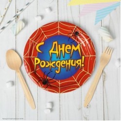 Тарелки "С Днём рождения" Паутина 18 см, 10 шт (бумага)