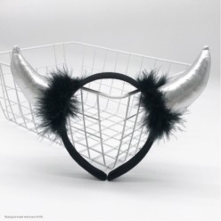 Рожки Чертёнка с пухом серебряные (металлик) 19*20 см