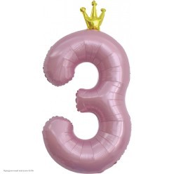 Шар фольга Цифра "3" Корона, розовый 40''/102 см