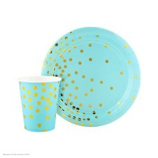 Тарелки "Конфетти" тиснение, голуб-золотые 17,5см, 6шт (бум)