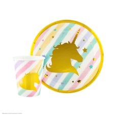 Тарелки "Единорог золотой" полосы 18см 6шт, бумага