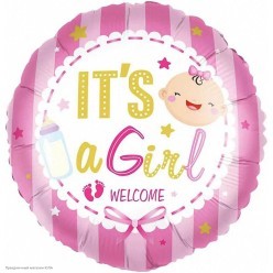 Шар фольга Круг "It`s a Girl" рожица, розовый 18"/45см
