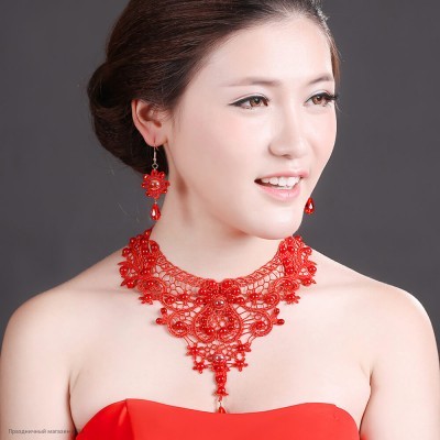 Гарнитур кружевной Ожерелье, серьги (бусины, стразы) красный РС13215