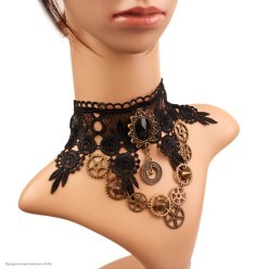 Ожерелье кружевное "Стимпанк" (шестерёнки, страза) чёрное