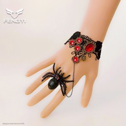 Браслет с кольцом кружевной "Паук" (декор, стразы)
