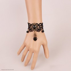 Браслет кружевной "Сердце" (декор, бусины) чёрный
