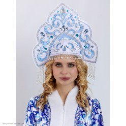 Кокошник "Русская Краса" со стразами бело-голубой (резинка)