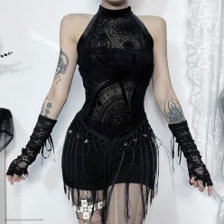 Топ фатиновый (рис.флок) с кисточками, чёрный р.44-46