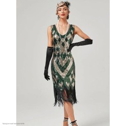 Платье "Гэтсби" пайетки, v-вырез, ромбы (зел/золот) р.46-48