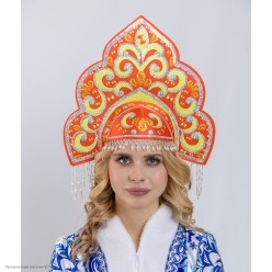 Кокошник "Русская Красавица" (печать) красный (резинка)