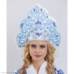 Кокошник "Русская Красавица" (печать) бело-голубой (резинка)