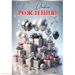Открытка "С Днём Рождения!" (гора подарков) блёстки 12,6*18