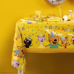 Скатерть "Три Кота Друзья" жёлтая 120*180 см, полиэтилен