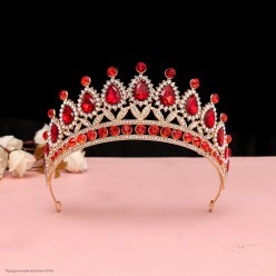 Диадема "Цветы" на ободке (металл, стразы) золотой/красный