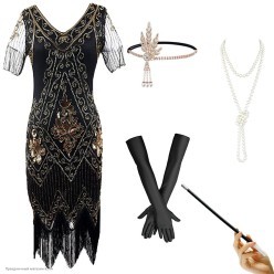 Платье "Гэтсби" пайетки, v-вырез, цветы (чёрн-зол) р.46-48