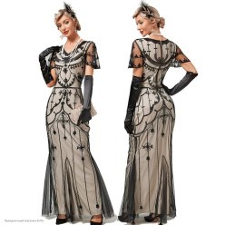 Платье "Гэтсби" длинное, пайетки (беж/чёрн) р.44-46