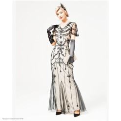 Платье "Гэтсби" длинное, пайетки (беж/чёрн) р.44-46