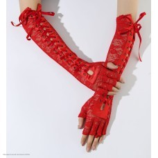 Перчатки без пальцев со шнуровкой Гипюр 34см красные