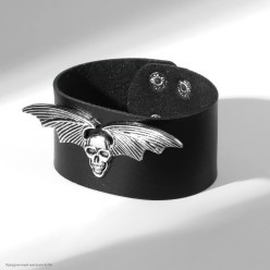 Браслет "Череп с крыльями" (кожзам, металл) чёрный 23*3,7см