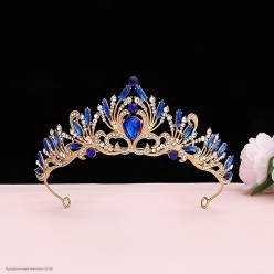 Диадема "Павлин" (металл, стразы синие) золотая 14*7см