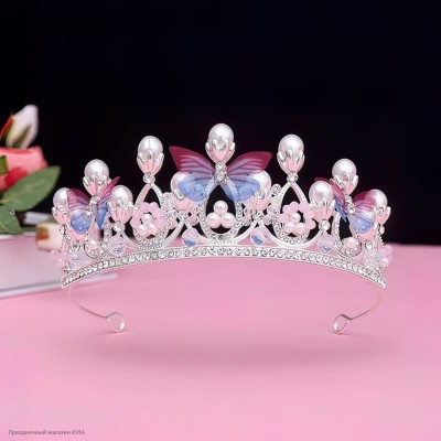 Диадема "Бабочка" (металл, стразы, жемчуг) серебро 16*6,5см РС20542-с