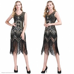Платье "Гэтсби" пайетки, v-вырез (чёрн/золот) р.44-46
