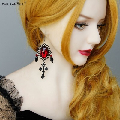 Серьги с красным камнем и крестом ЕН-52