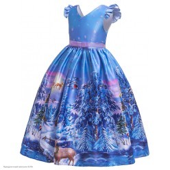 Платье "Новогодний принт" 130см, синее (олень, река)