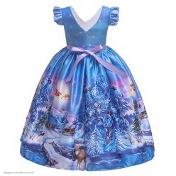 Платье "Новогодний принт" 130см, синее (олень, река)