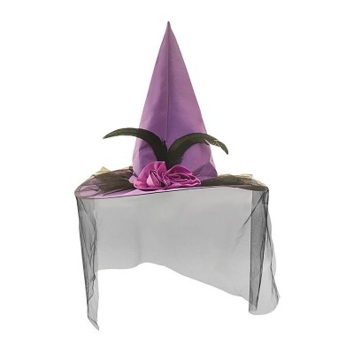 Колпак Ведьмы атласный с вуалью и цветами, фиолетовый РС20060-ф