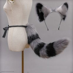 Набор Кота/енота: уши на ободке, хвост 70см (чёрно-серый)