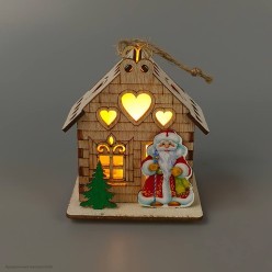 Фигура-подвеска "Домик Деда Мороза" свет (дерево) 8*7*6см
