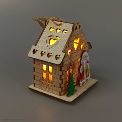 Фигура-подвеска "Домик Деда Мороза" свет (дерево) 8*7*6см