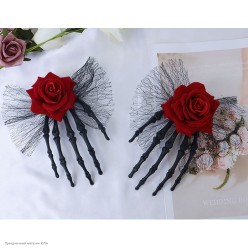 Заколка "Кисть скелета" чёрная с розой и сеткой