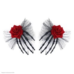 Заколка "Кисть скелета" чёрная с розой и сеткой