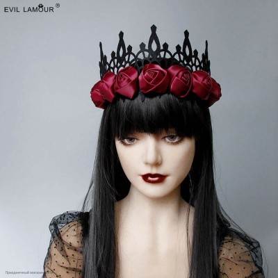 Корона-повязка на голову чёная, бордовые атласные розы РС20514-55