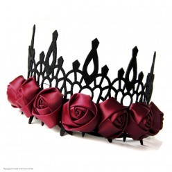Корона-повязка на голову чёная, бордовые атласные розы