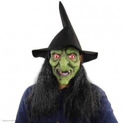 Маска Ведьма зелёная в шляпе с волосами (латекс)