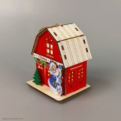 Фигура-подвеска "Домик Деда Мороза" свет (дерево) 8*7*6см кр