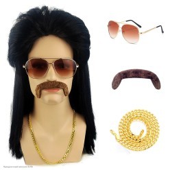 Набор "Рокер 70-х" (парик чёрный, очки, усы, цепь)