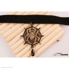 Чокер-бархотка с подвеской "Паук на паутине" (кожзам,металл)