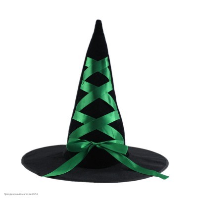 Колпак Ведьмы чёрный (велюр) зелёная лента РС20015-з