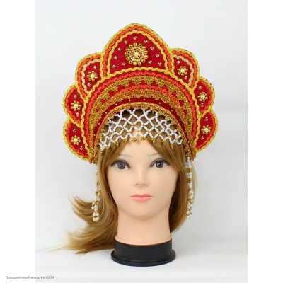 Кокошник "Елена" красный с золотом 